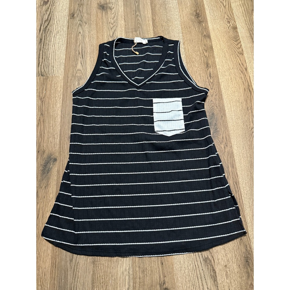 Ninexis Tank Top Womens Small Black Womens Striped V-Neck Pocket Ribbed
